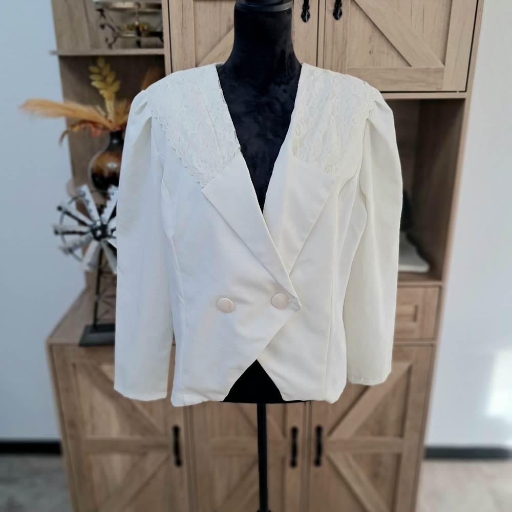 Vintage 1970's Marla R LTD Women's 16 Blazer Jacket Off White Lace Detail